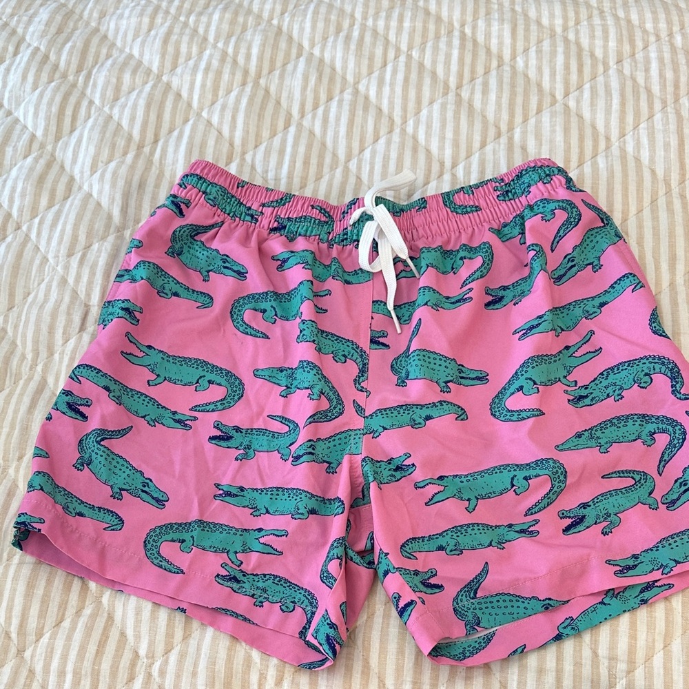 Chubbies Pink and Green Alligator Swim Trunks